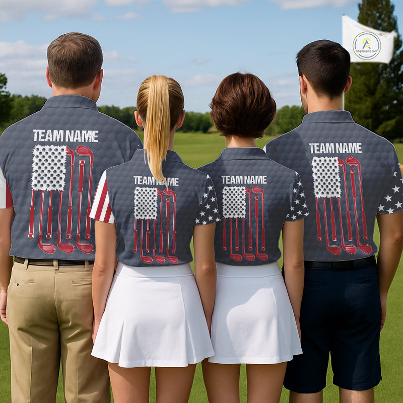 Mixed golf team wearing matching American flag golf polos with grey golf ball pattern, custom golf uniforms for tournaments, corporate golf outings, charity events, representing unity, patriotism and team excellence.
