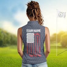 Load image into Gallery viewer, Female golfer wearing custom patriotic golf polo with grey golf ball pattern, perfect for ladies golf league, Memorial Day tournaments, Independence Day golf outings, symbolizing freedom, confidence and teamwork.