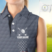 Load image into Gallery viewer, Female golfer wearing custom patriotic golf polo with grey golf ball pattern, perfect for ladies golf league, Memorial Day tournaments, Independence Day golf outings, symbolizing freedom, confidence and teamwork.