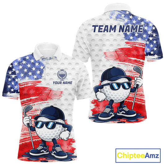 Men's golf polo featuring colorful splash painting golf ball graphics with American flag artwork, custom performance golf shirt for men's golf tournaments, league play and patriotic golfers, representing creativity, energy and USA spirit.