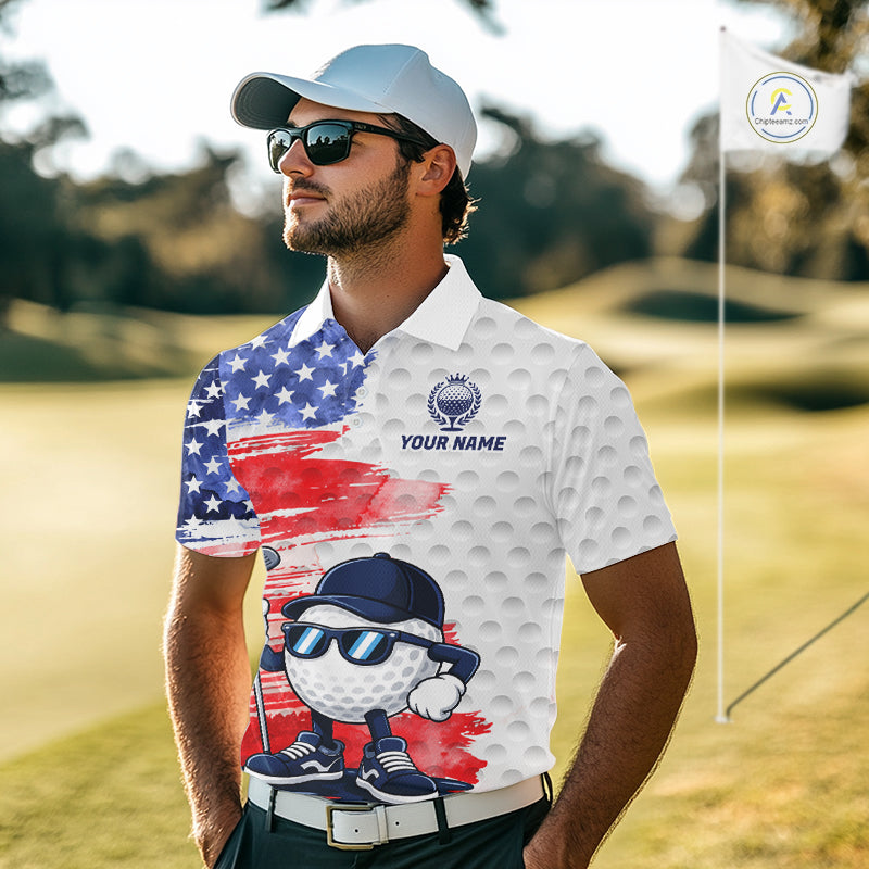 Male golfer wearing splash painting American flag golf polo during championship round, modern golf apparel for patriotic athletes, golf teams and tournament champions.