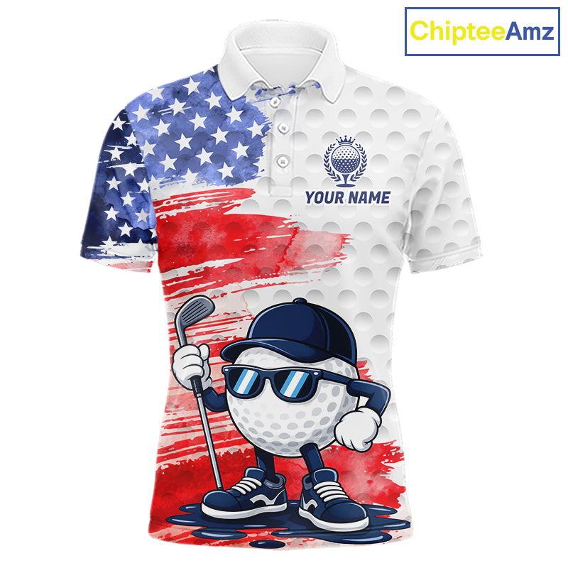 Men's golf polo featuring colorful splash painting golf ball graphics with American flag artwork, custom performance golf shirt for men's golf tournaments, league play and patriotic golfers, representing creativity, energy and USA spirit.