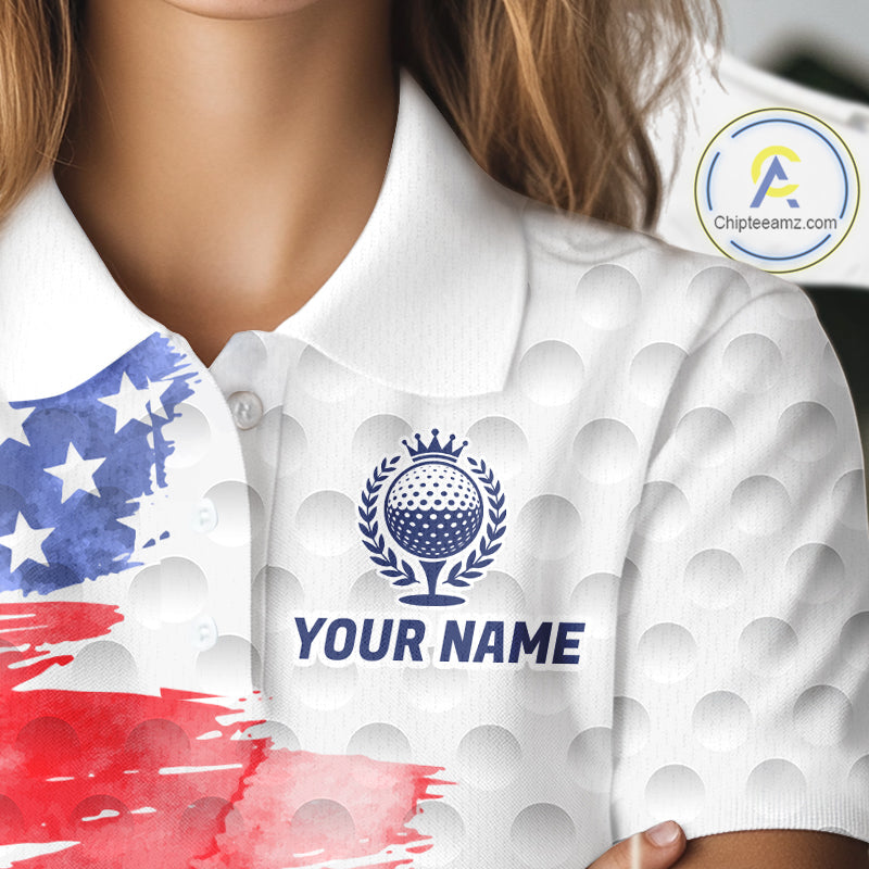 Female golfer wearing artistic patriotic golf polo featuring colorful splash golf ball artwork, perfect for women's golf leagues, charity tournaments and Independence Day celebrations.