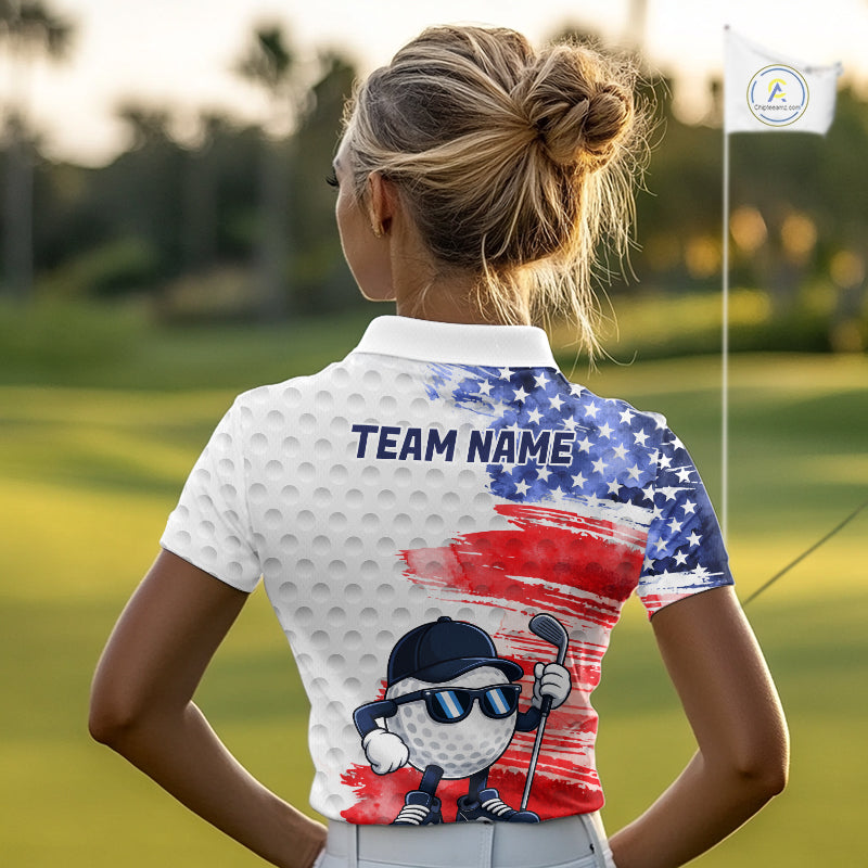 Female golfer wearing artistic patriotic golf polo featuring colorful splash golf ball artwork, perfect for women's golf leagues, charity tournaments and Independence Day celebrations.