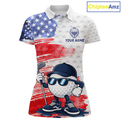 Women's golf polo with splash painting golf ball graphics and American flag accents, custom performance golf shirt for golf clubs, leagues and patriotic sporting events with artistic expression