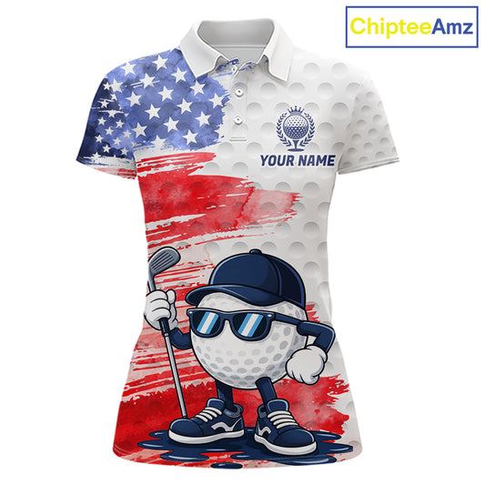 Women's golf polo with splash painting golf ball graphics and American flag accents, custom performance golf shirt for golf clubs, leagues and patriotic sporting events with artistic expression