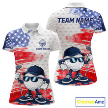 Load image into Gallery viewer, Women's golf polo with splash painting golf ball graphics and American flag accents, custom performance golf shirt for golf clubs, leagues and patriotic sporting events with artistic expression