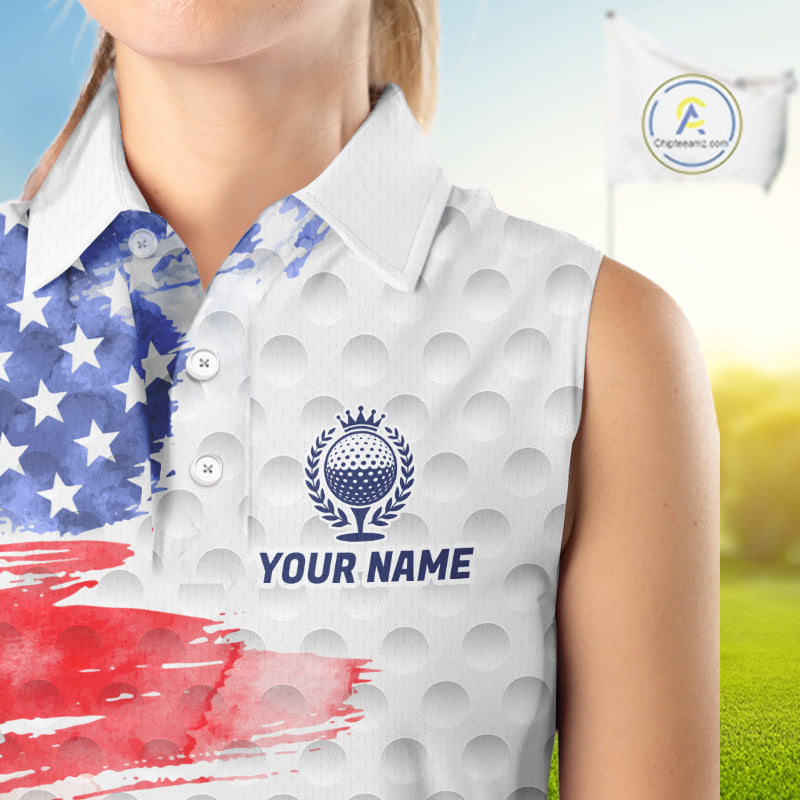 Female golfer wearing artistic patriotic golf polo featuring colorful splash golf ball artwork, perfect for women's golf leagues, charity tournaments and Independence Day celebrations.