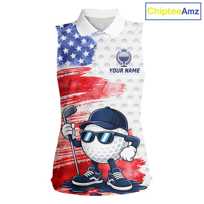 Women's sleeveless golf polo featuring colorful splash paint golf ball and patriotic American flag artwork, personalized golf apparel for artistic golfers, summer tournaments and USA golf teams, symbolizing creativity and freedom.