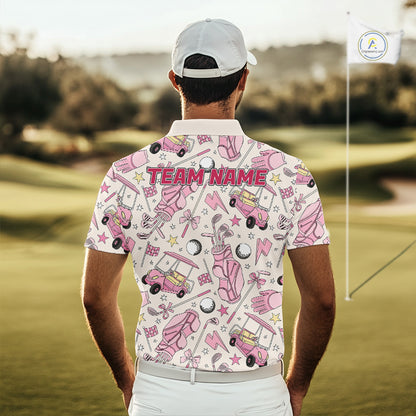 Male golfer wearing personalized pink golf club polo supporting charity golf tournaments, Father's Day golf gifts, team events and golf lifestyle.