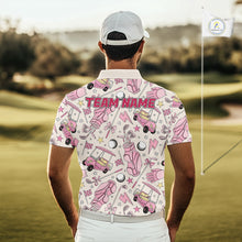 Load image into Gallery viewer, Male golfer wearing personalized pink golf club polo supporting charity golf tournaments, Father's Day golf gifts, team events and golf lifestyle.