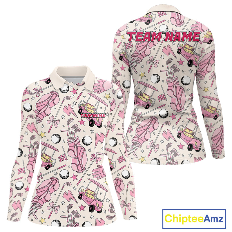 Women's golf polo with elegant pink golf club graphics, custom performance golf shirt for ladies golf leagues, Mother's Day gifts, golf outings and team uniforms.