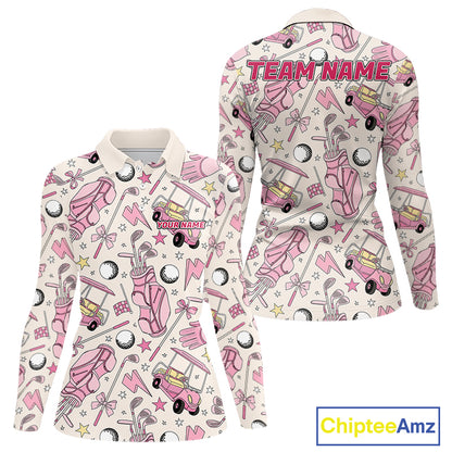 Women's golf polo with elegant pink golf club graphics, custom performance golf shirt for ladies golf leagues, Mother's Day gifts, golf outings and team uniforms.