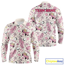 Load image into Gallery viewer, Men's personalized golf polo featuring pink golf ball and golf clubs design, lightweight performance golf apparel for golf teams, charity tournaments, Father's Day gifts and golf vacations, symbolizing confidence, teamwork and golf lifestyle.