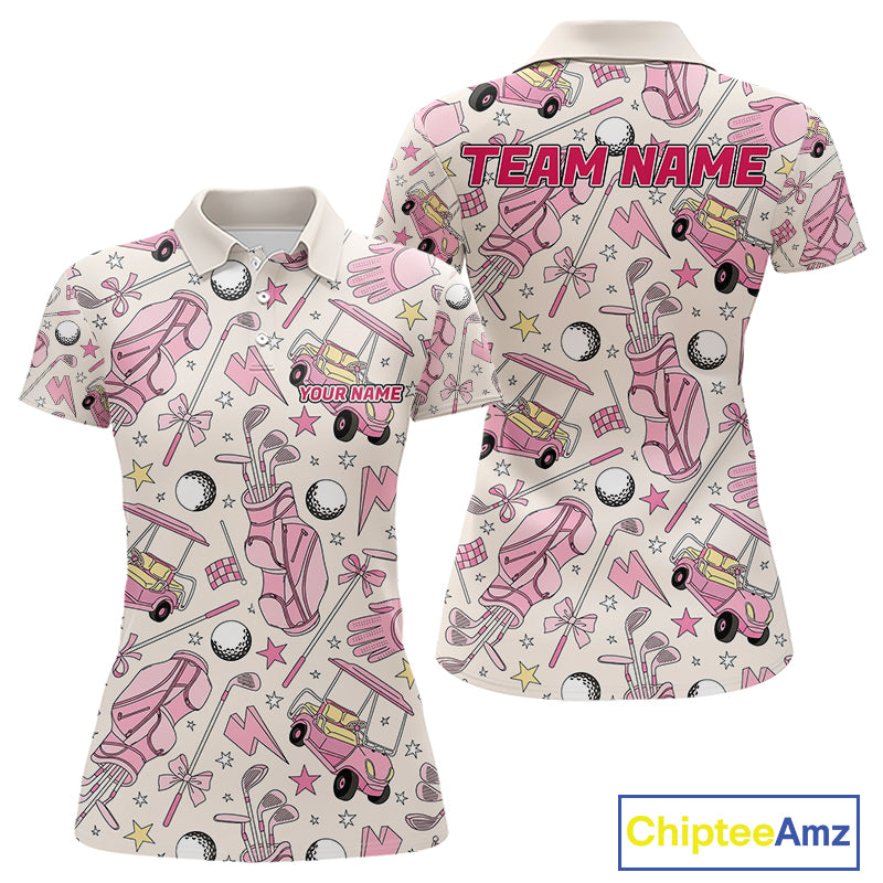 Women's golf polo with elegant pink golf club graphics, custom performance golf shirt for ladies golf leagues, Mother's Day gifts, golf outings and team uniforms.