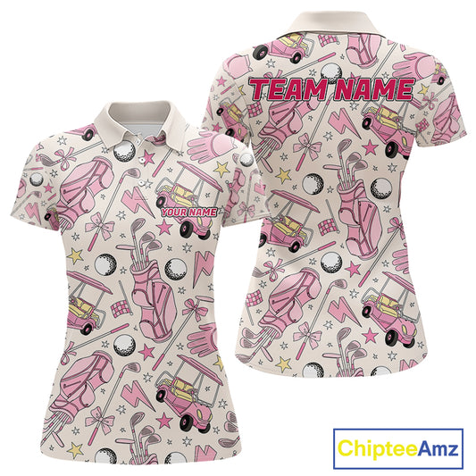 Women's golf polo with elegant pink golf club graphics, custom performance golf shirt for ladies golf leagues, Mother's Day gifts, golf outings and team uniforms.