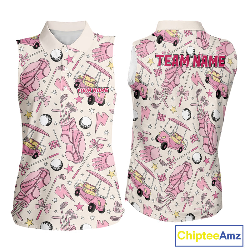 Women's sleeveless golf polo featuring pink golf balls and golf clubs, personalized ladies golf apparel for tournaments, golf vacations and women's golf teams, symbolizing friendship, confidence and golf lifestyle.