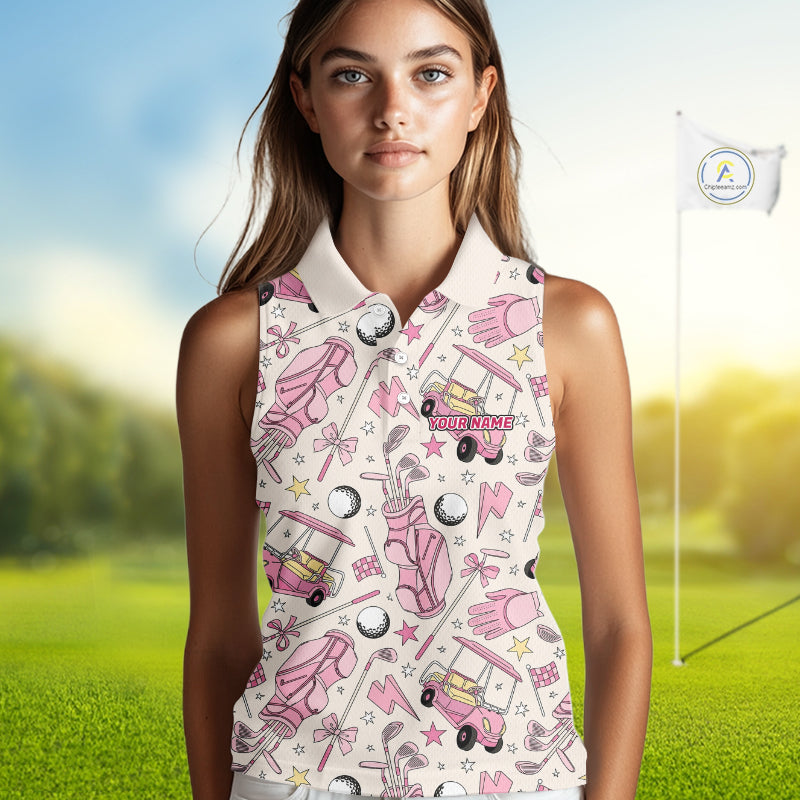 Female golfer wearing custom pink golf polo with golf clubs, stylish ladies golf apparel for tournaments, golf resorts and golf club events, representing confidence and friendship.