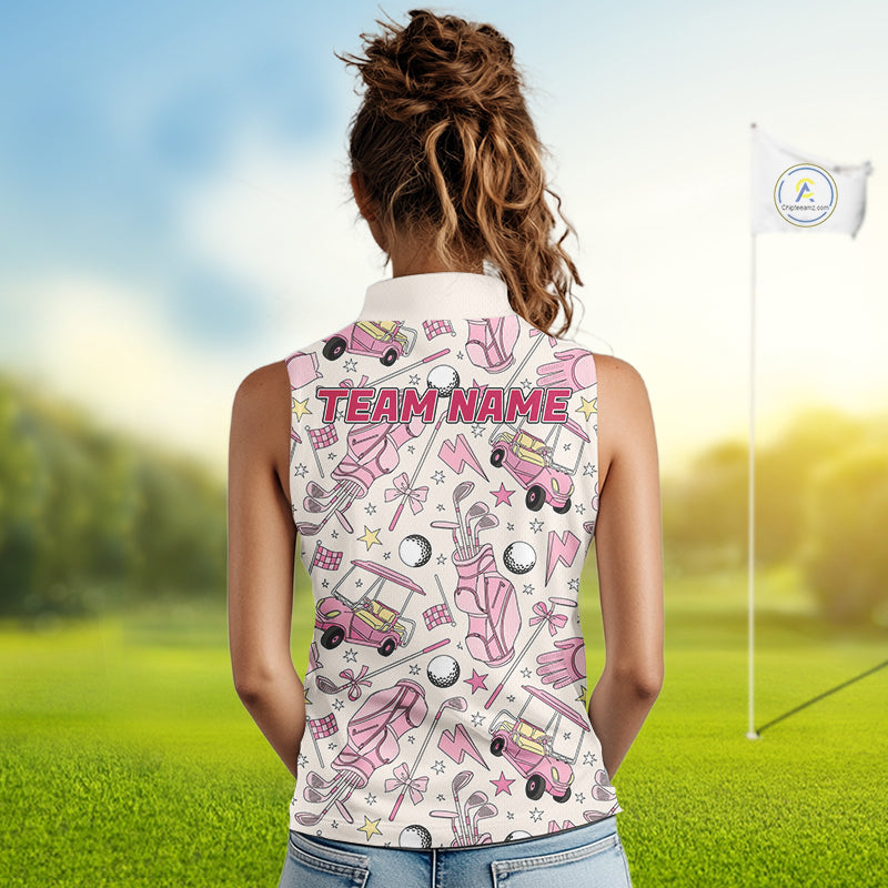 Female golfer wearing custom pink golf polo with golf clubs, stylish ladies golf apparel for tournaments, golf resorts and golf club events, representing confidence and friendship.