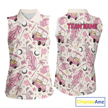 Load image into Gallery viewer, Women's sleeveless golf polo featuring pink golf balls and golf clubs, personalized ladies golf apparel for tournaments, golf vacations and women's golf teams, symbolizing friendship, confidence and golf lifestyle.