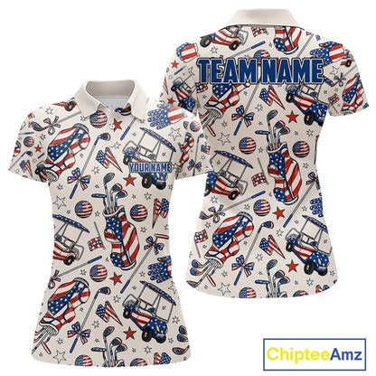 Women's patriotic golf polo with pink golf clubs, custom golf shirt for Memorial Day, Independence Day, golf tournaments and women's golf clubs