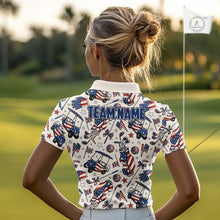 Load image into Gallery viewer, Female golfer wearing personalized patriotic golf polo for Fourth of July golf outing, ladies golf league and USA golf competitions.