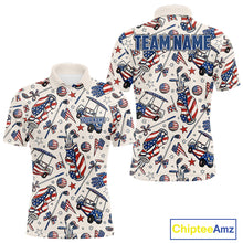 Load image into Gallery viewer, Men's patriotic golf polo featuring pink golf clubs and American flag artwork, personalized golf shirt for Fourth of July tournaments, Memorial Day golf events and USA golf clubs, representing liberty, brotherhood and national pride.