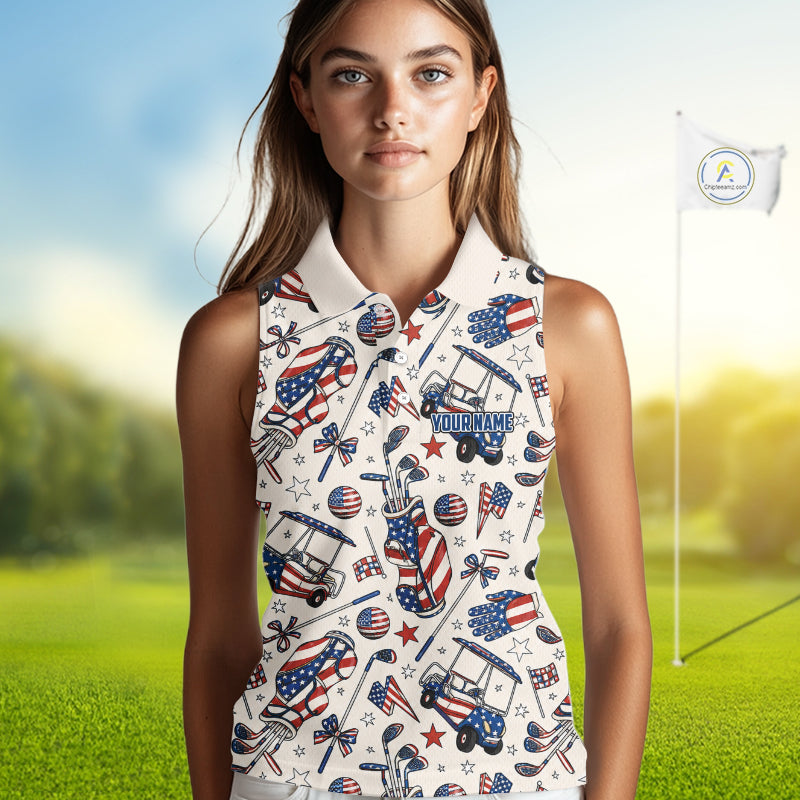 Female golfer wearing personalized patriotic golf polo for Fourth of July golf outing, ladies golf league and USA golf competitions.