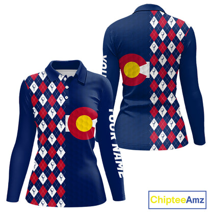 Women's Colorado golf polo with golf ball argyle graphics, performance golf shirt for golf clubs, mountain resorts and outdoor enthusiasts.