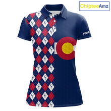 Load image into Gallery viewer, Women's Colorado golf polo with golf ball argyle graphics, performance golf shirt for golf clubs, mountain resorts and outdoor enthusiasts.