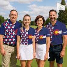 Load image into Gallery viewer, Golf team wearing matching Colorado golf polos with argyle golf ball pattern, representing teamwork, outdoor adventure and Colorado heritage.