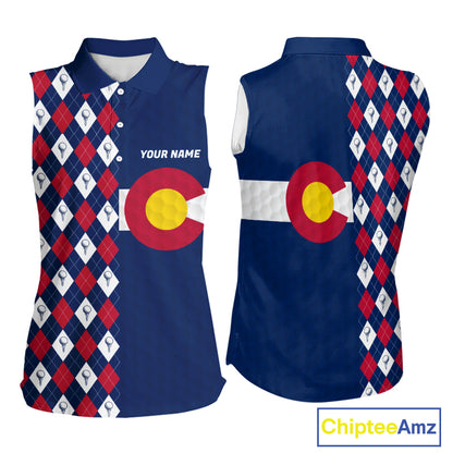 Women's sleeveless golf polo featuring Colorado flag and argyle golf ball pattern, personalized golf apparel inspired by mountain lifestyle, outdoor adventure and state pride.