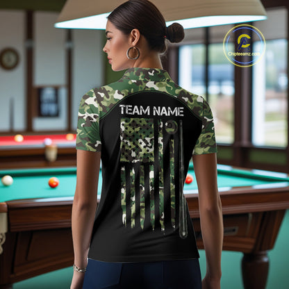 US Flag Camouflage 8 Ball Pool Billiard Polo & Quarter-Zip Custom Billiard Team Attire For Women NYN2748