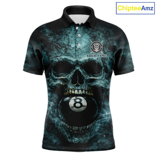 Custom Teal Smoke Grunge Skull Pool 8 Ball Men Billiard Shirt Personalized Ball Billiard Attire NYN2592