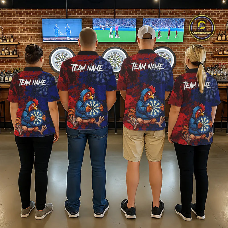 Blue And Red Grunge Funny Rooster Darts Shirt For Men Custom Name & Team Dart Outfits Jerseys NYN3162