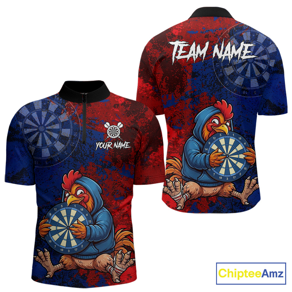 Blue And Red Grunge Funny Rooster Darts Shirt For Men Custom Name & Team Dart Outfits Jerseys NYN3162