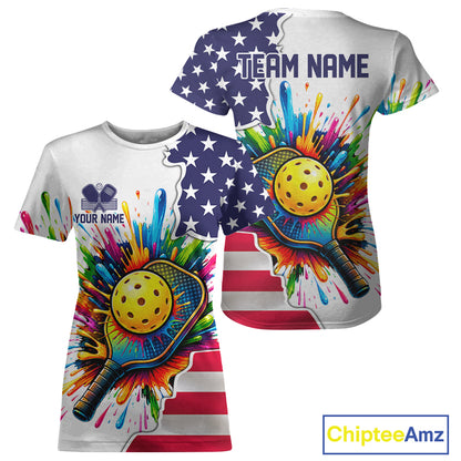 Custom American flag patriotic pickleball tshirt for women colorful splatter pickleball jersey white