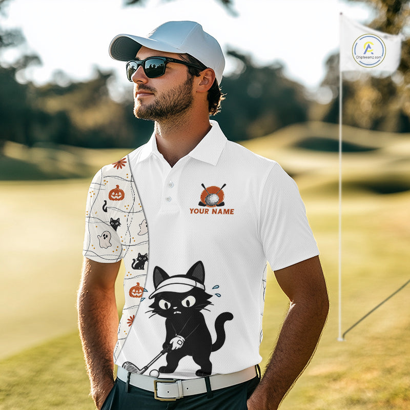 Male golfer wearing Funny Cat Halloween golf polo, golf tournament apparel, custom golf uniform, golf outing clothing