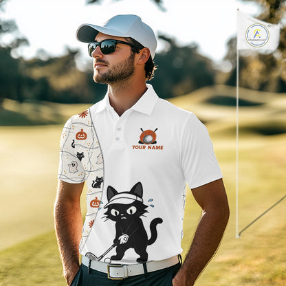 Male golfer wearing Funny Cat Halloween golf polo, golf tournament apparel, custom golf uniform, golf outing clothing