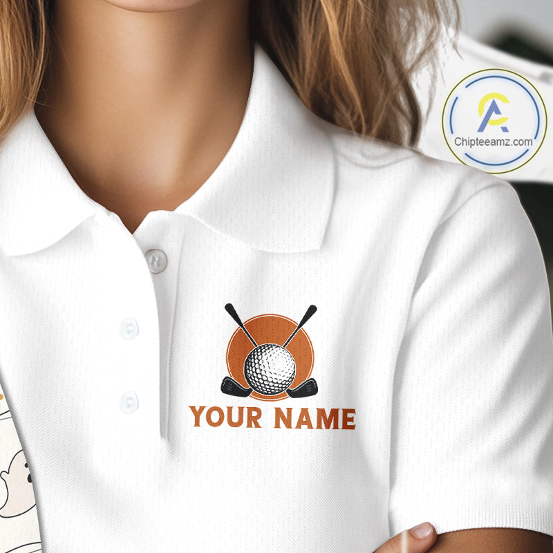 Female golfer wearing Funny Cat Halloween golf polo, personalized golf apparel, golf league fashion, spooky golf outfit