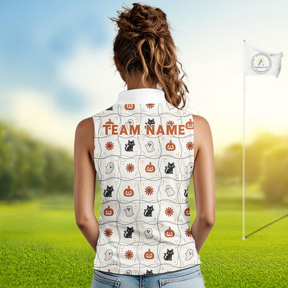 Female golfer wearing Funny Cat Halloween golf polo, personalized golf apparel, golf league fashion, spooky golf outfit