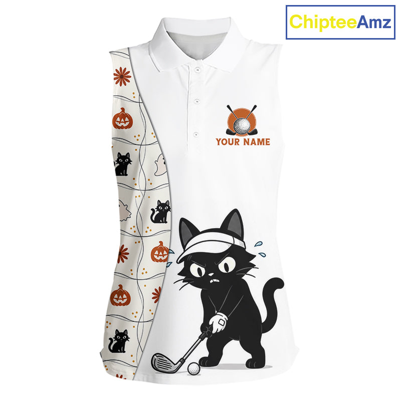 Funny Cat Golfer Halloween women sleeveless golf polo, personalized cat golf shirt, spooky golf apparel, ladies golf tournament, Halloween golf gift