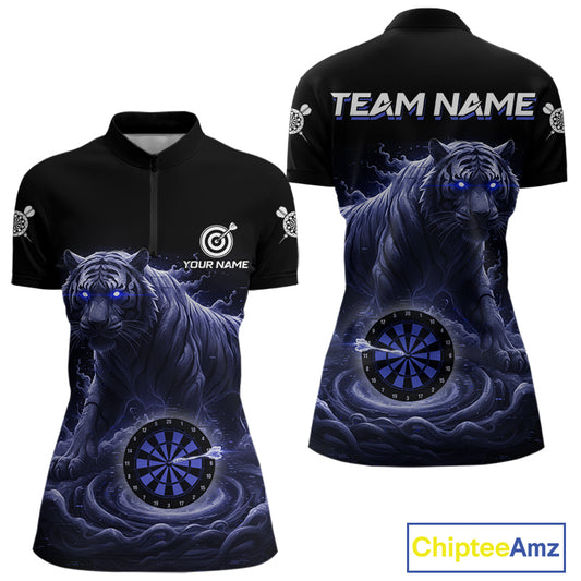 Custom Blue Smokes Funny Tiger Dartboard Women Darts Quarter-Zip Shirt, Outfits Dart Jerseys NYN1811