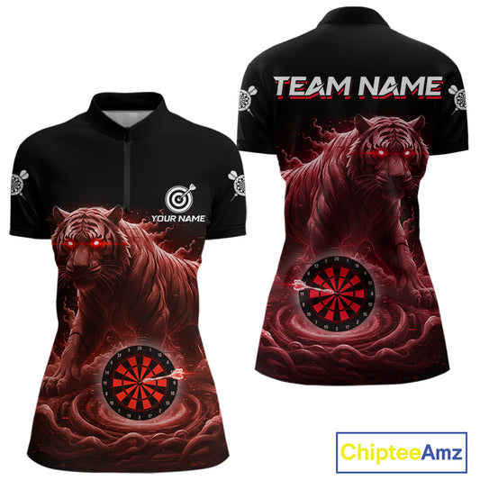 Custom Red Smokes Funny Tiger Dartboard Women Darts Quarter-Zip Shirt, Outfits Dart Jerseys NYN1812