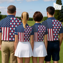 Load image into Gallery viewer, Mens Golf Polo Shirts American Flag Patriotic Custom Golf Ball Argyle Pattern Mens Golf Polos NYN3381