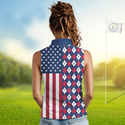 Womens Golf Sleeveless Polo Shirts American Flag Patriotic Custom Golf Ball Argyle Pattern Womens Golf Polos NYN3381