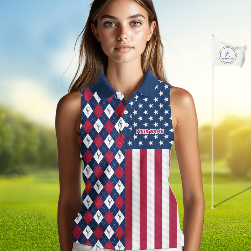 Womens Golf Sleeveless Polo Shirts American Flag Patriotic Custom Golf Ball Argyle Pattern Womens Golf Polos NYN3381