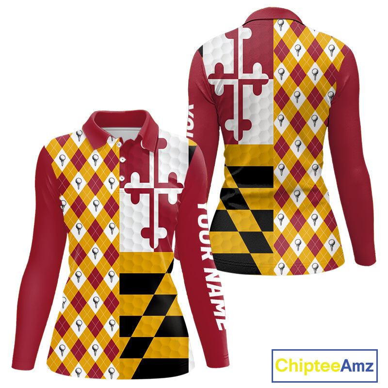 Womens Golf Polo Shirts Maryland Flag Patriotic Custom Golf Ball Argyle Pattern Womens Golf Polos NYN3382