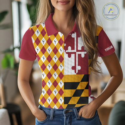 Womens Golf Polo Shirts Maryland Flag Patriotic Custom Golf Ball Argyle Pattern Womens Golf Polos NYN3382