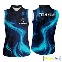 Load image into Gallery viewer, Womens black and blue golf ball pattern sleeveless polo golf team outfit